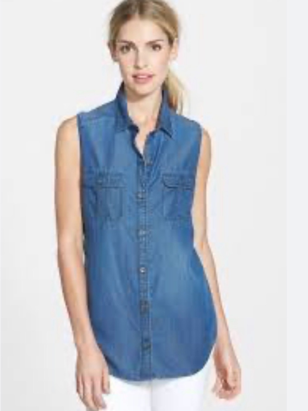 Halogen Indigo Denim Sleeveless Button-Down Shirt